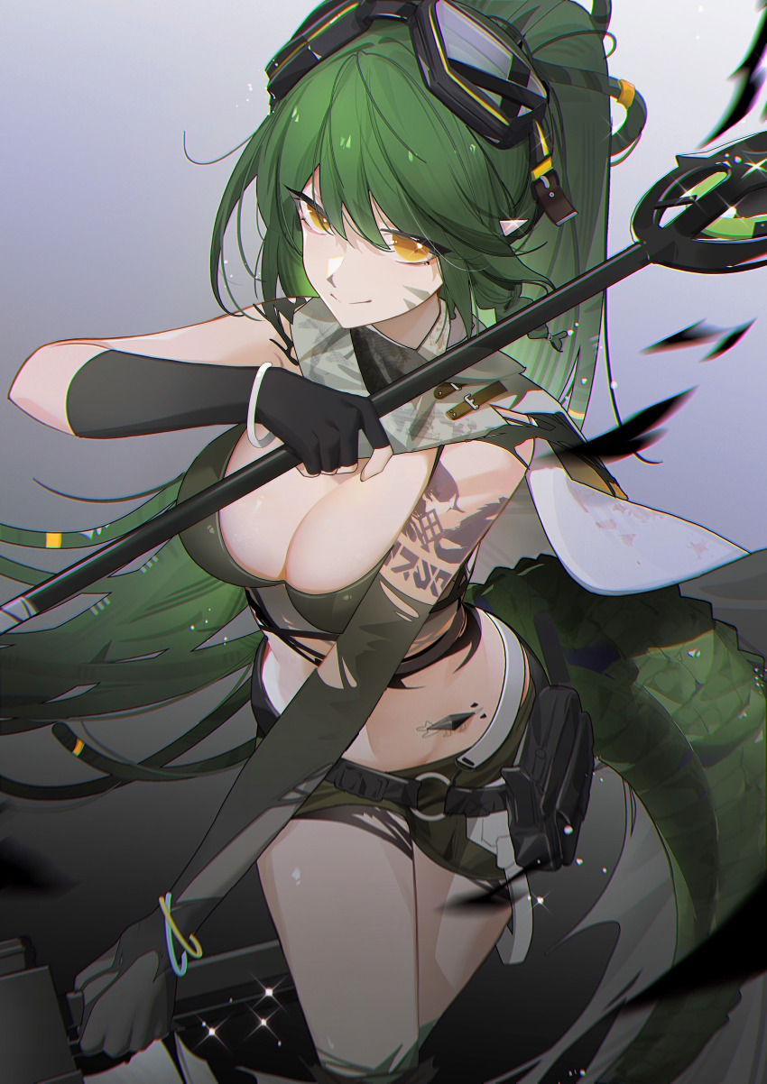 1girl, absurdres, arknights, arm_tattoo, asymmetrical_gloves, bracelet, breasts, cape, cleavage, closed_mouth, commentary_request, cowboy_shot, crocodilian_tail, elbow_gloves, fingerless_gloves, gavial_(arknights), gavial_the_invincible_(arknights), gloves, goggles, goggles_on_head, green_hair, green_shorts, grey_cape, highres, holding, holding_staff, jewelry, large_breasts, long_hair, looking_at_viewer, material_growth, octagonal_eyewear, orange_eyes, pointy_ears, ponytail, pouch, shorts, smile, solo, staff, tail, tattoo, torn_cape, torn_clothes, torn_gloves, torn_shorts, very_long_hair, zaocan_nai_cha
