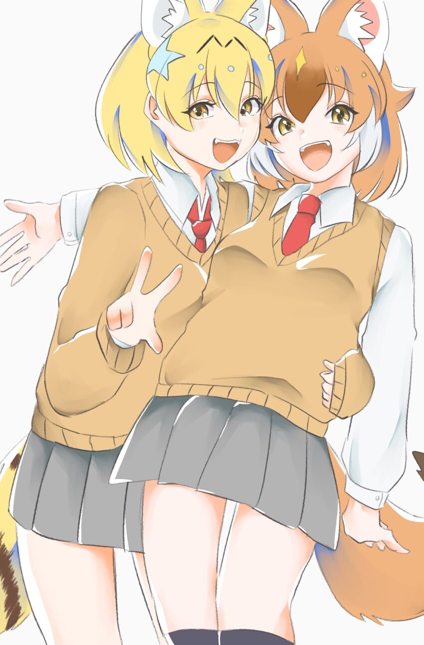 2girls, alternate_costume, animal_ears, arm_around_another's_waist, blonde_hair, brown_vest, cat_ears, cat_girl