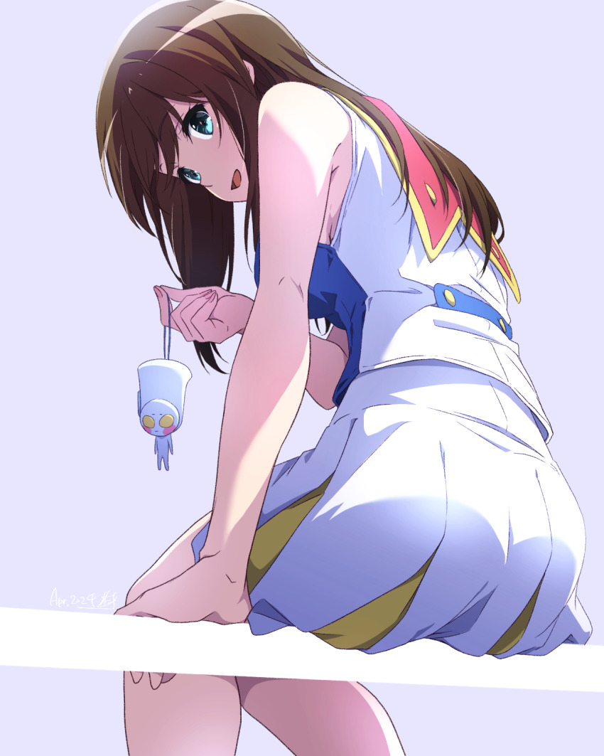 1girl, ass, blue_eyes, brown_hair, dated, from_behind, hibike!_euphonium, highres, jacket, kuroe_mayu, looking_down, marching_band, nii_manabu, sitting, skirt, smile, solo, tuba-kun, white_jacket, white_skirt