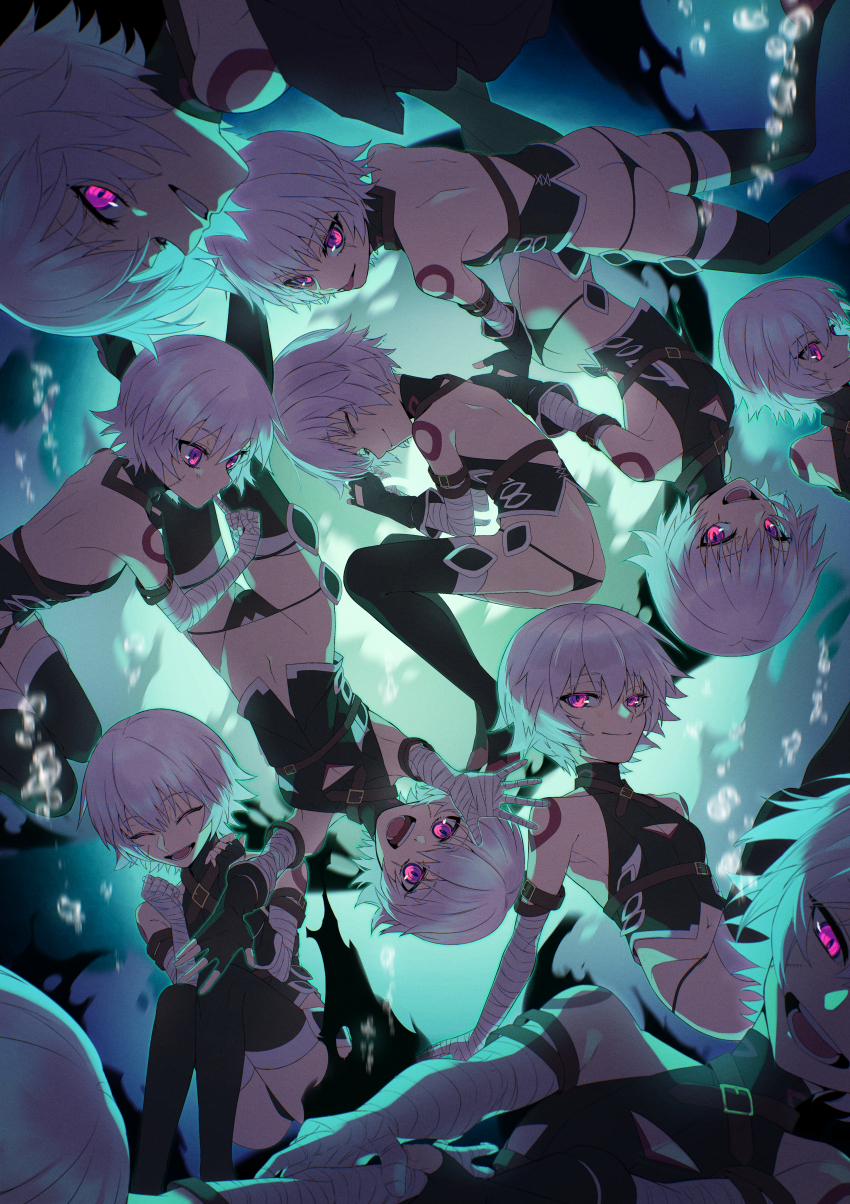 absurdres, bandaged_arm, bandages, boots, breasts, facial_scar, fate/apocrypha, fate/grand_order, fate_(series), fingerless_gloves, gloves, gon_oekaki, grey_hair, highres, jack_the_ripper_(fate/apocrypha), micro_panties, navel, panties, purple_eyes, scar, scar_across_eye, scar_on_cheek, scar_on_face, shoulder_tattoo, small_breasts, smile, tattoo, thigh_boots, tongue, tongue_out, underwear