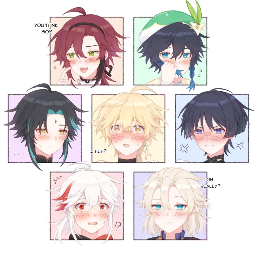 !?, ..., 6+boys, @_@, aether_(genshin_impact), ahoge, albedo_(genshin_impact), anger_vein