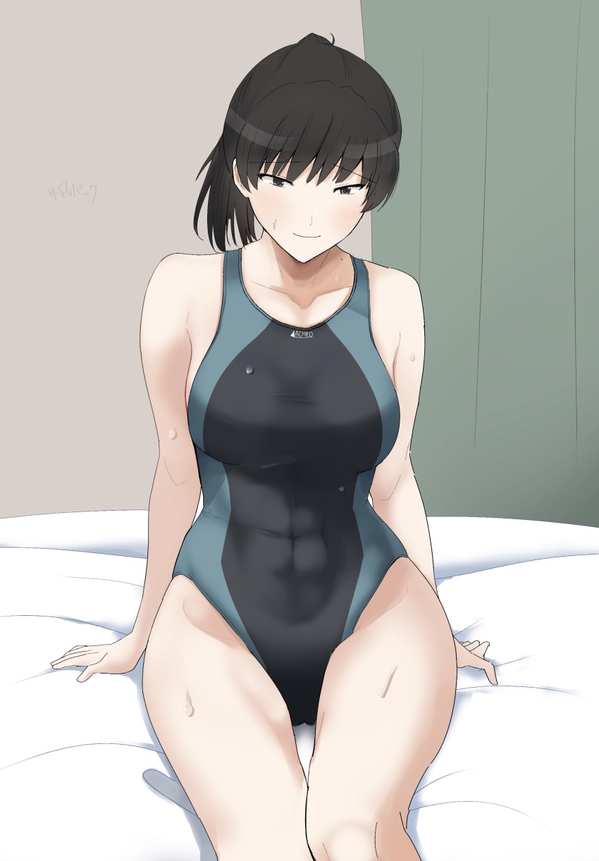1girl, absurdres, amagami, black_hair, black_one-piece_swimsuit, blue_one-piece_swimsuit, breasts, brown_eyes