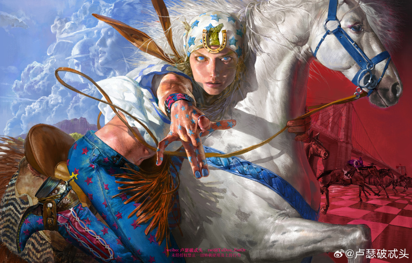 absurdres, bad_link, bad_weibo_link, blonde_hair, blue_eyes, blue_pants, blue_sky, boots