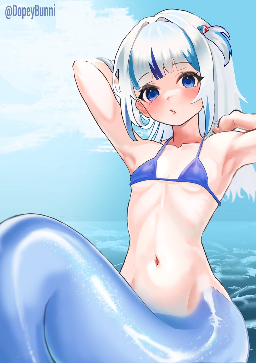 1girl, armpits, arms_up, bikini, blue_bikini, blue_eyes, blue_hair, commentary