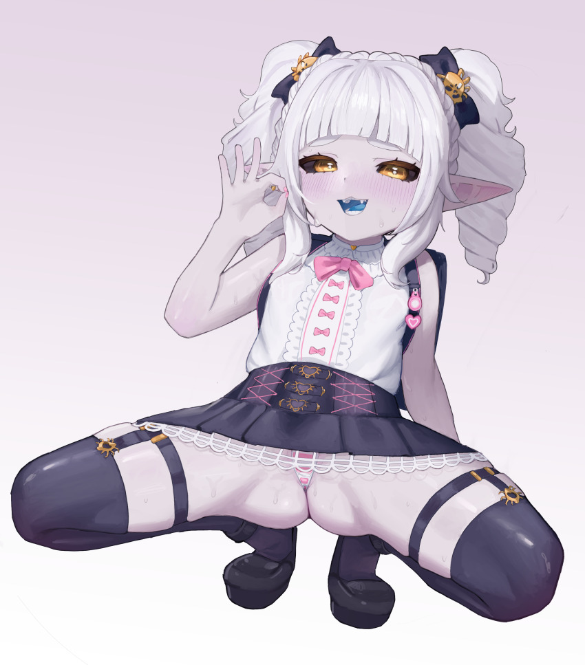 1girl, absurdres, arm_support, backpack, bag, bare_shoulders, black_bag, black_bow, black_footwear, black_garter_straps, black_sclera, black_skirt, black_thighhighs, blue_tongue, blunt_bangs, blush, bow, bowtie, braid, center_frills, colored_sclera, colored_skin, colored_tongue, commentary, drill_hair, earrings, fangs, frills, full_body, furrowed_brow, garter_straps, gradient_background, hair_bow, heart, heart_earrings, highres, indie_virtual_youtuber, jewelry, kumo_kuddelmuddel, loli, long_hair, looking_at_viewer, mirumiruchan, ok_sign, open_mouth, panties, pink_bow, pink_bowtie, pink_nails, pointy_ears, purple_skin, randoseru, shirt, shirt_tucked_in, sidelocks, single_earring, skirt, sleeveless, sleeveless_shirt, solo, squatting, striped_clothes, striped_panties, sweat, thick_eyebrows, thighhighs, twin_drills, two-tone_panties, underwear, virtual_youtuber, white_hair, white_shirt, yellow_eyes