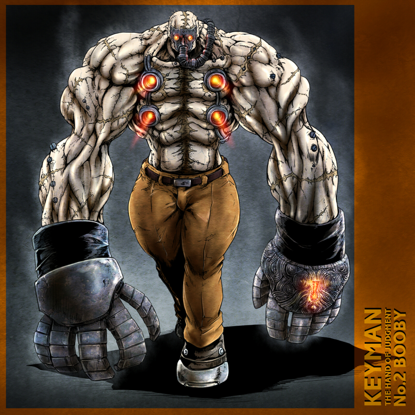 belt, booby_(keyman), boots, cyborg, gauntlets, highres, huge_hands, keyhole, keyman:_the_hand_of_judgement, keyman_(species), ledjoker07, male_focus, mask, muscular, muscular_male, pants, steam, stitches