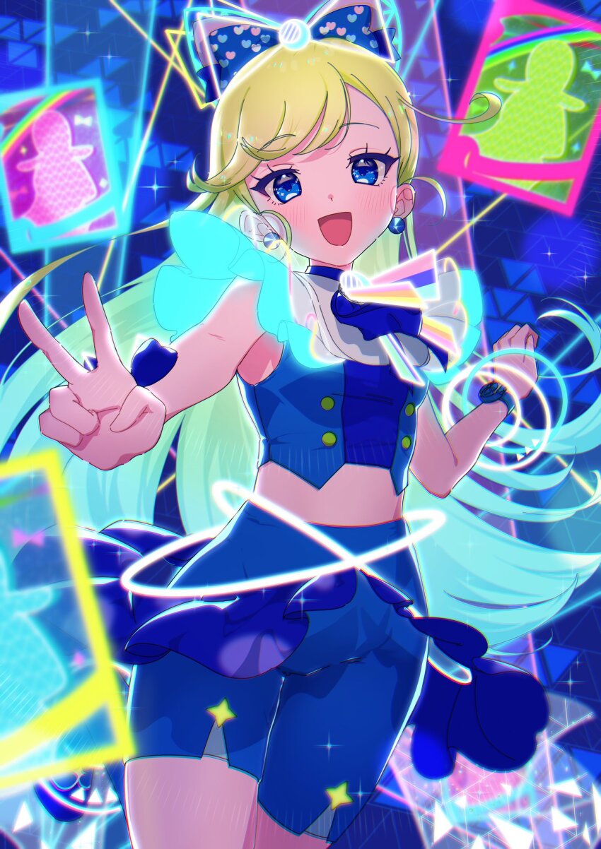 1girl, blonde_hair, blue_bow, blue_eyes, blue_ribbon, blue_shirt, blue_shorts, bow