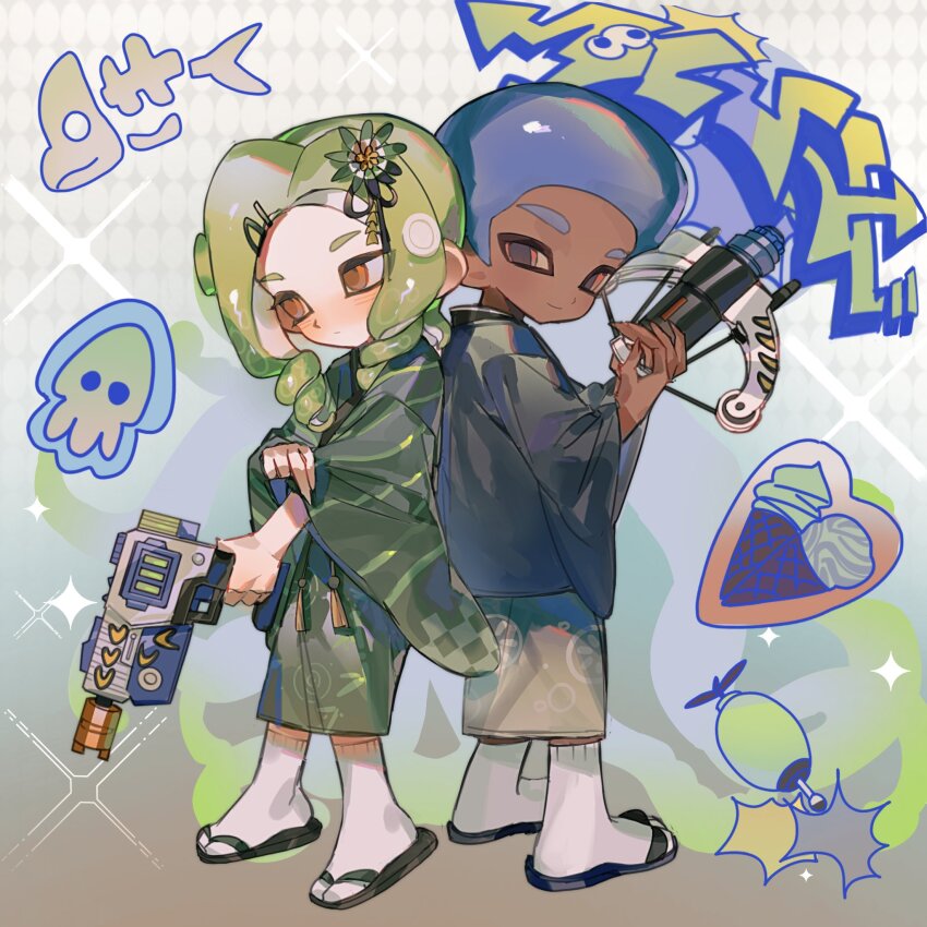 1boy, 1girl, afro, back-to-back, blue_hair, bow_(weapon), closed_mouth, commentary_request, dark-skinned_male, dark_skin, food, full_body, green_hair, green_kimono, gun, haori, highres, holding, holding_bow_(weapon), holding_gun, holding_weapon, ice_cream, japanese_clothes, kimono, long_hair, multicolored_background, nintendo, octoling, octoling_boy, octoling_girl, octoling_player_character, rapid_blaster_(splatoon), reef-lux_450_(splatoon), rongyu1029, sandals, short_hair, socks, splatoon_(series), splatoon_3, standing, tentacle_hair, torpedo_(splatoon), weapon, white_socks, yellow_eyes, zouri