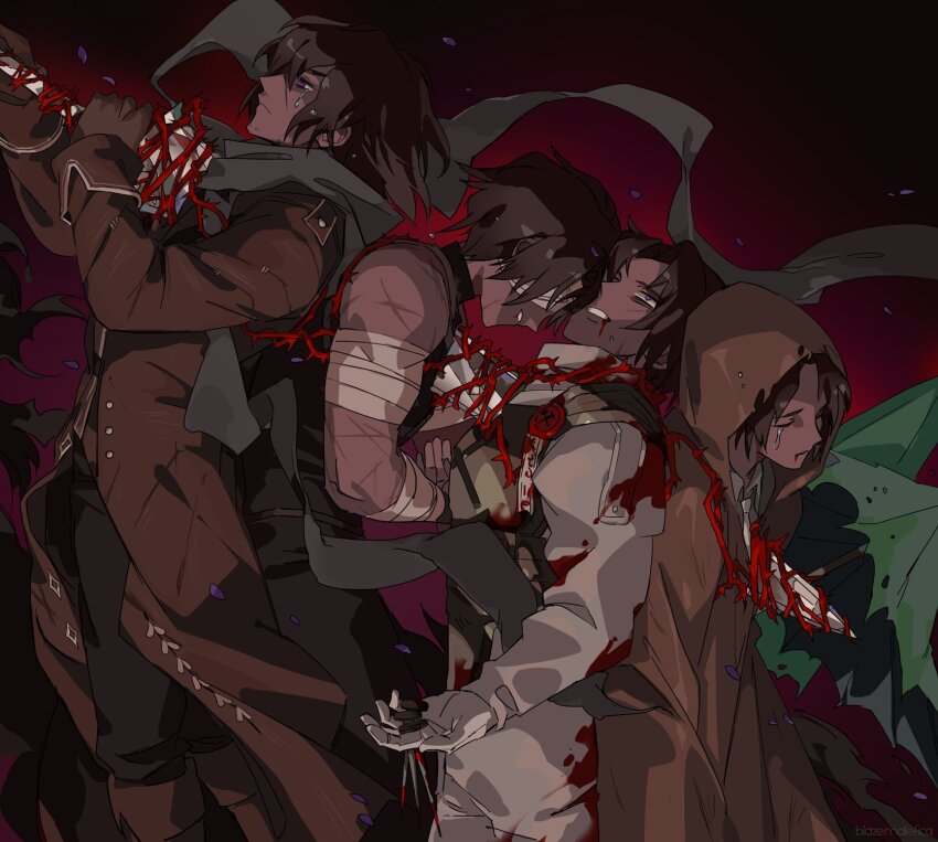 4boys, armor, bandage_over_one_eye, barbed_wire, black_pants, black_vest, blazemalefica, blood, blood_from_mouth, blood_on_clothes, boots, brown_coat, brown_footwear, brown_gloves, brown_hair, brown_raincoat, coat, collared_shirt, commentary, crying, dark-skinned_male, dark_skin, dual_persona, e.g.o_(project_moon), english_commentary, erlking_heathcliff_(project_moon), flower, gloves, greatsword, grey_shirt, heathcliff_(project_moon), highres, impaled, limbus_company, multiple_boys, multiple_persona, nail_(hardware), necktie, nosebleed, pants, petals, project_moon, purple_eyes, purple_flower, raincoat, scar, scar_on_arm, scar_on_face, scarf, shi_association_south_uniform, shirt, short_hair, sleeveless, sleeveless_shirt, sunshower_(e.g.o), sword, talisman, tears, umbrella, vest, wax_seal, weapon, white_gloves, white_necktie
