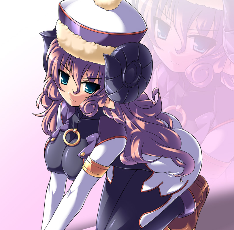 1girl, a_merusatimu, aqua_eyes, aries_mesarthim, bodysuit, breasts, curly_hair, female_focus, hat, horns, katami_shinta, kneeling, large_breasts, long_hair, merusatimu, pink_hair, pointy_ears, shinrabanshou, shoes, solo, v_arms, zoom_layer