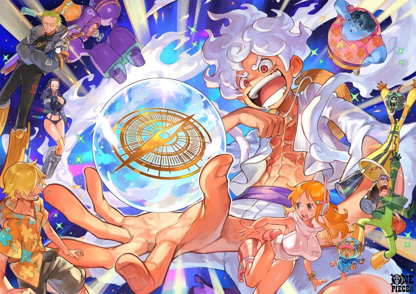 2girls, 6+boys, abs, alternate_costume, artist_request, black_bodysuit, black_gloves, black_jacket