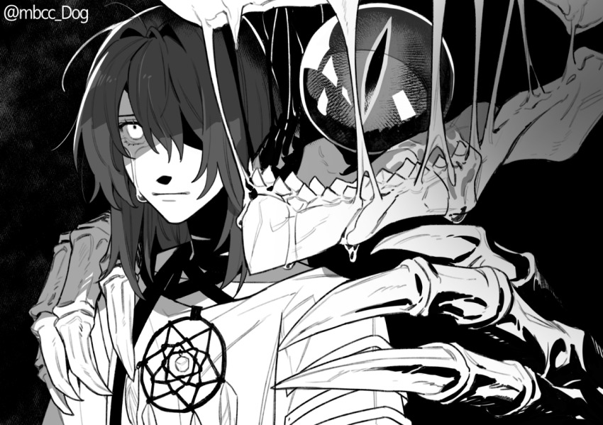 1girl, blue_eyes, claws, closed_mouth, commentary, crying, crying_with_eyes_open, dog_9uk, dreamcatcher, english_commentary, eyepatch, greyscale, hecate_(path_to_nowhere), long_hair, monochrome, monster, neck_ribbon, nightmare_(path_to_nowhere), path_to_nowhere, ribbon, saliva, solo, tears, twitter_username, upper_body