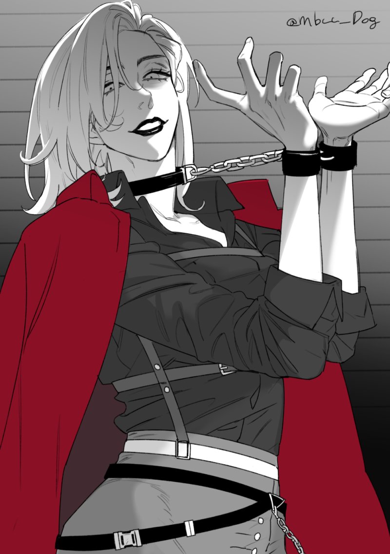 1girl, artist_name, belt, chain, chest_strap, coat, coat_on_shoulders, collar