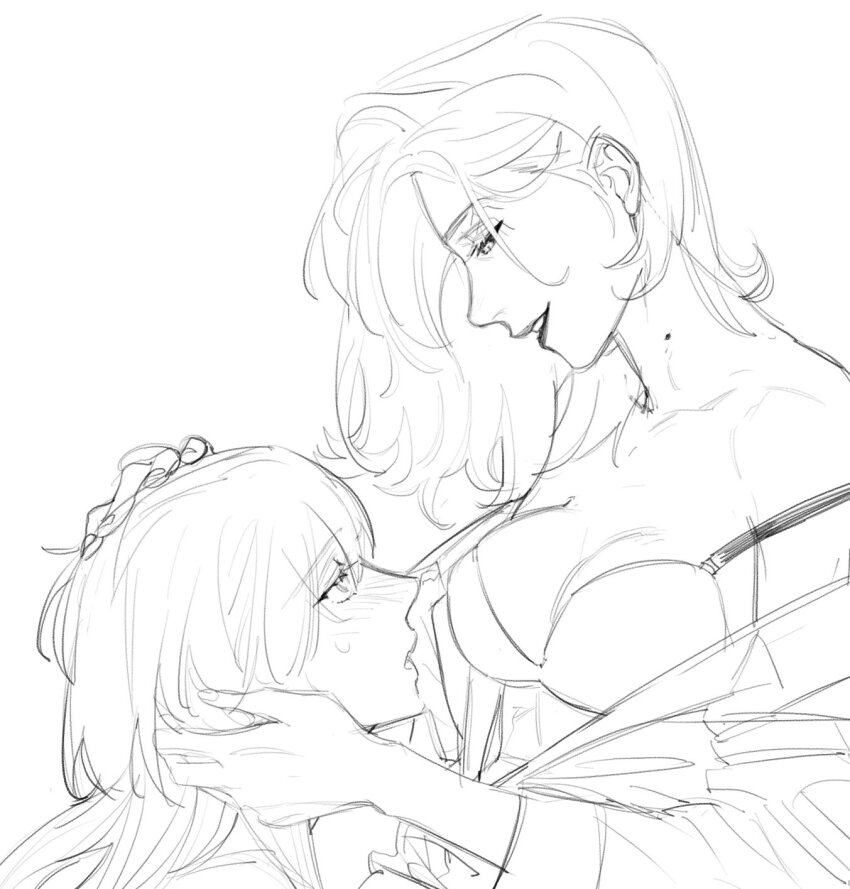 2girls, blush, bra, breasts, chief_(path_to_nowhere), commentary_request, dog_9uk, female_chief_(path_to_nowhere)