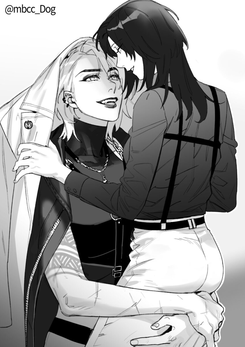 2girls, arm_tattoo, carrying, carrying_person, chest_strap, chief_(path_to_nowhere), coat_on_head, collared_shirt