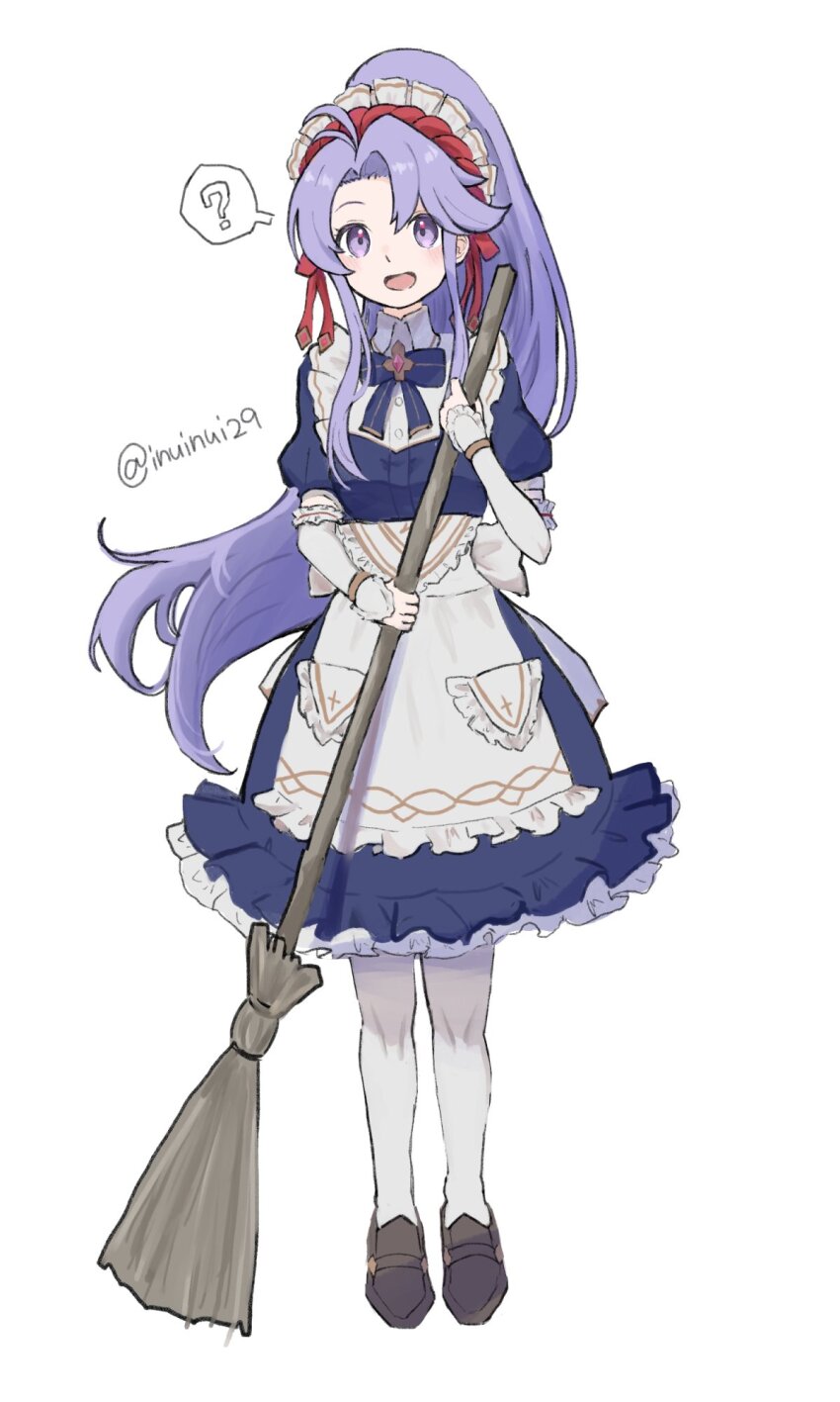 1girl, :d, ?, apron, blue_dress, bow, broom, dress