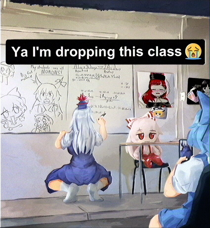 2girls, blue_dress, blue_hair, blue_hat, blue_socks, bow, cellphone, chair, cirno, classroom, commentary, crying_emoji, dress, emoji, english_commentary, english_text, ex-keine, fujiwara_no_mokou, full_body, fumo_(doll), hair_bow, hat, hecatia_lapislazuli, highres, holding, holding_phone, houraisan_kaguya, indoors, kamishirasawa_keine, kanmarisa_(meme), kirisame_marisa, komeiji_koishi, komeiji_satori, lad_der, long_hair, meme, multiple_girls, my_students_are_all_morons_(meme), no_shoes, phone, short_hair, sitting, smartphone, socks, squatting, touhou, whiteboard, zeroku77_(style)