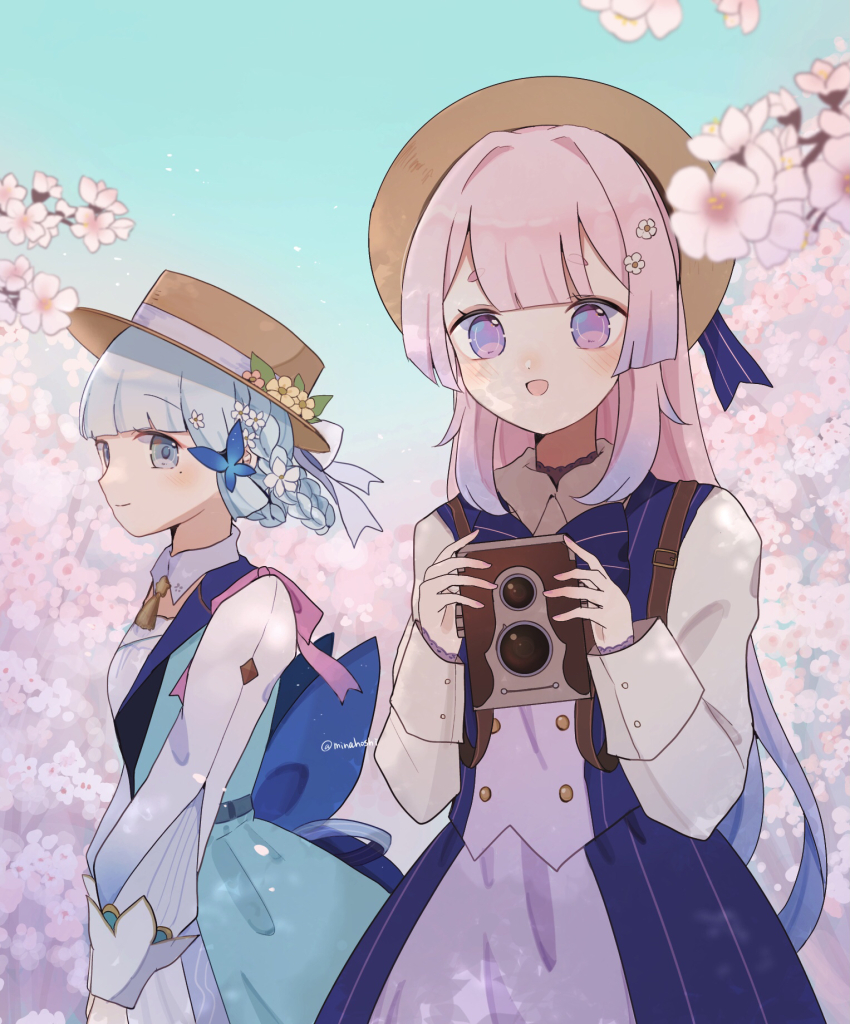 2girls, alternate_color, ayaka_(genshin_impact), blue_butterfly, blue_dress, blue_eyes, blue_hair, blunt_bangs