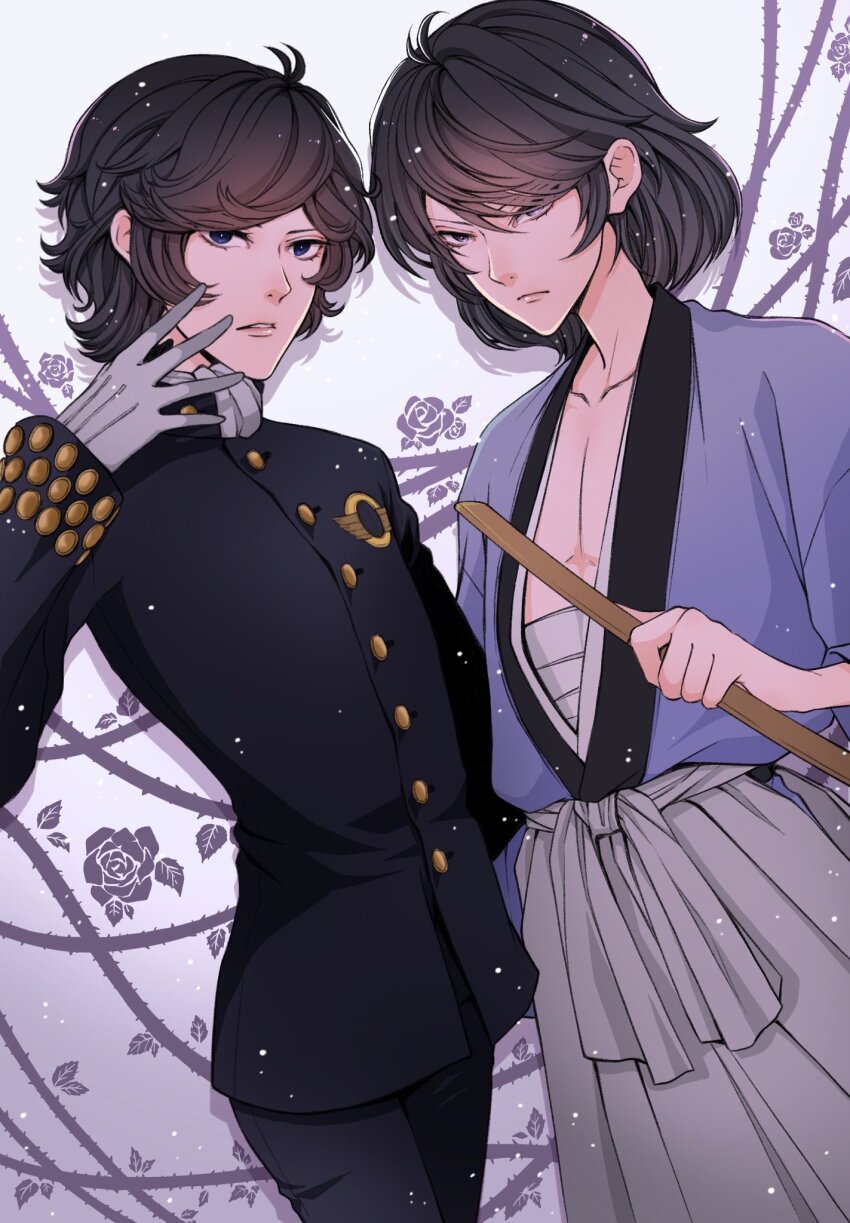 2boys, androgynous, ascot, bare_pectorals, black_hair, blue_eyes, blue_kimono, floral_print