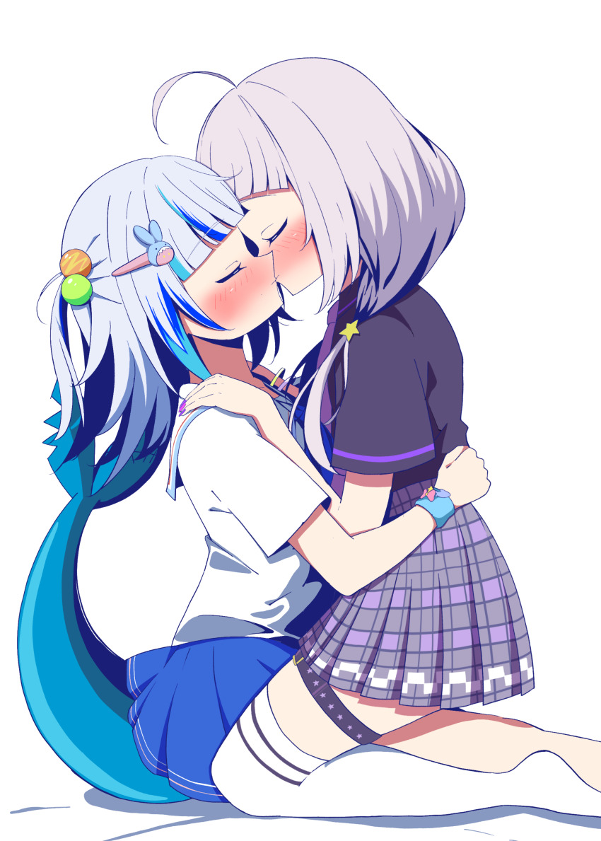2girls, absurdres, black_shirt, blue_hair, blue_skirt, blunt_bangs, blush, collared_shirt