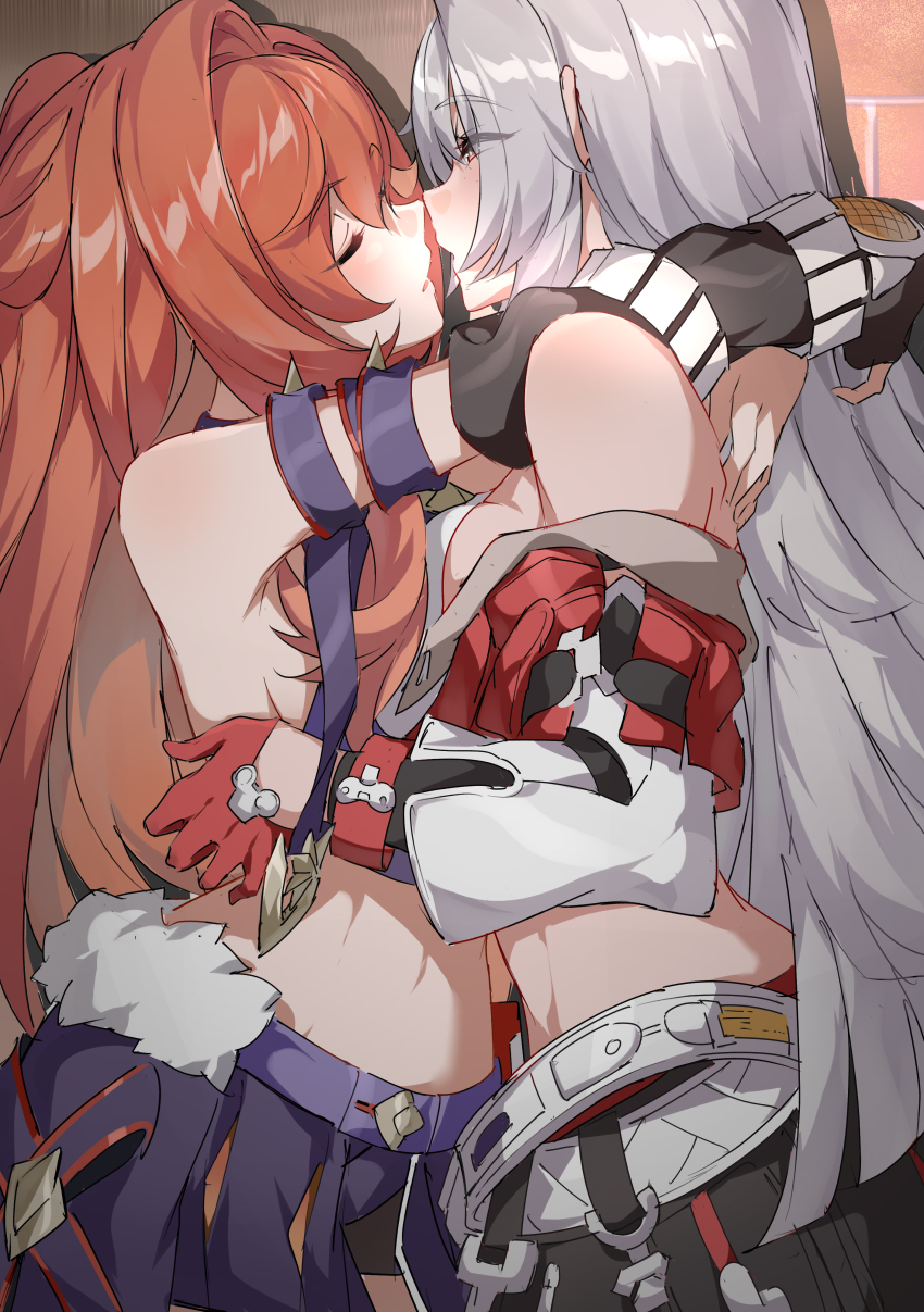 2girls, absurdres, arm_ribbon, arms_around_neck, bare_shoulders, belt, black_cape, black_gloves, blue_cape, blue_ribbon, blue_skirt, blush, breasts, brick_wall, cape, chinese_commentary, closed_eyes, colored_inner_hair, commentary_request, crop_top, cropped_jacket, detached_sleeves, elbow_gloves, erdos_helia, erdos_helia_(valkyrie_boltstorm), evzeva, eyelashes, fingerless_gloves, fur_trim, gloves, grey_hair, hair_between_eyes, hair_intakes, half_gloves, highres, honkai_(series), honkai_impact_3rd, imminent_kiss, jacket, long_hair, long_sleeves, looking_at_another, medium_breasts, midriff, multicolored_hair, multiple_girls, off_shoulder, open_clothes, open_jacket, orange_hair, parted_lips, pleated_skirt, red_eyes, red_gloves, red_hair, red_jacket, ribbon, senadina, senadina_(deepspace_anchor:_first_light), shirt, sideboob, sidelocks, single_glove, skirt, sleeveless, sleeveless_shirt, standing, stomach, two-tone_hair, waist_cape, white_belt, white_sleeves, yuri