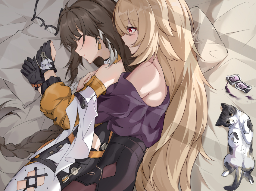 2girls, ahoge, asymmetrical_gloves, bare_shoulders, bed, black-framed_eyewear, black_gloves, blonde_hair