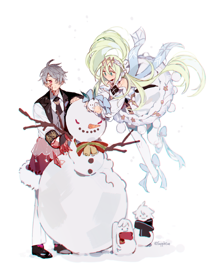 1boy, 1girl, black_footwear, blue_eyes, blue_footwear, braid, detached_sleeves, dress