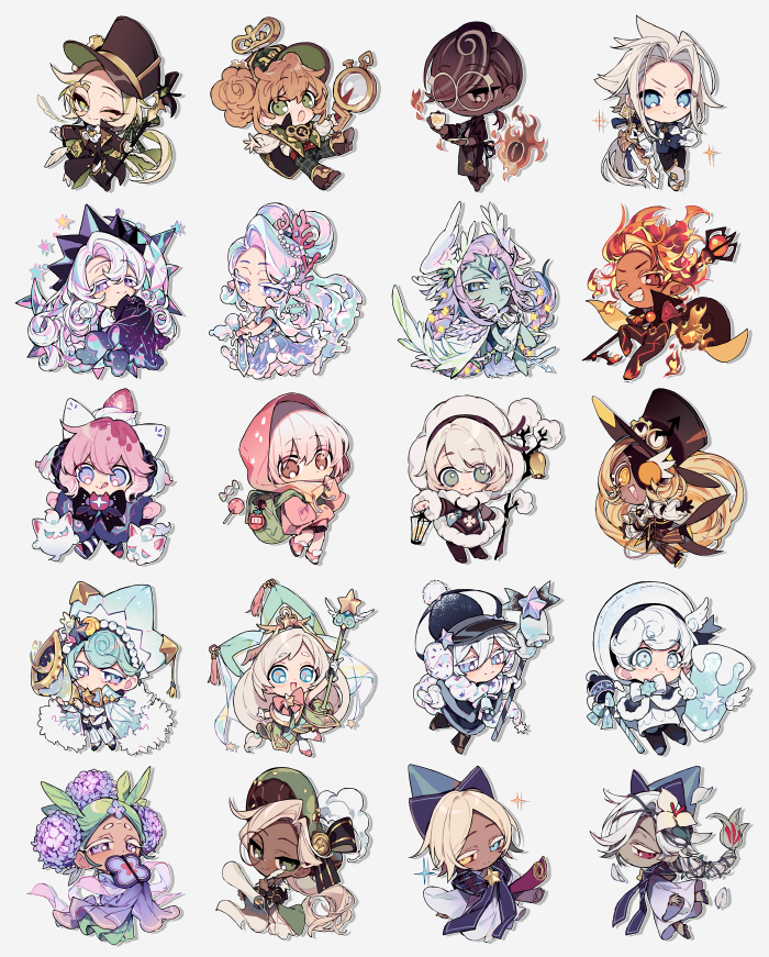 2others, 6+boys, 6+girls, :q, blonde_hair, blue_eyes, blue_hat, braid, brown_hat, closed_mouth, colored_skin, cookie_run, cookie_run:_kingdom, cookie_run:_ovenbreak, cotton_cookie, cream_puff_cookie, cream_puff_cookie_(starpath_conjurer), dark-skinned_female, dark-skinned_male, dark_skin, eclair_cookie, espresso_cookie, fire_spirit_cookie, flower, green_eyes, hat, heterochromia, humanization, hydrangea, hydrangea_cookie, long_hair, looking_at_viewer, madeleine_cookie, milk_cookie, milk_cookie_(choir_baritone), monocle, moonlight_cookie, moonlight_cookie_(milky_way), multiple_boys, multiple_girls, multiple_others, official_alternate_costume, official_alternate_hairstyle, orange_hair, peppermint_cookie, pink_eyes, pink_hair, plant_hair, pure_vanilla_cookie, pure_vanilla_cookie_(viridescent_daydream), red_eyes, red_skin, roguefort_cookie, sapphire_(nine), sea_fairy_cookie, sea_fairy_cookie_(luminous_coral), seashell, shell, smile, snow_sugar_cookie, snow_sugar_cookie_(symphony_of_the_night_sky), strawberry_cookie, strawberry_crepe_cookie, strawberry_crepe_cookie_(yogurt_phantom), timekeeper_cookie, tongue, tongue_out, top_hat, very_long_hair, walnut_cookie, walnut_cookie_(search_for_lost_time), white_flower, white_hair, white_hat, white_lily_cookie, wind_archer_cookie, wind_archer_cookie_(zephyr_of_life), yellow_eyes