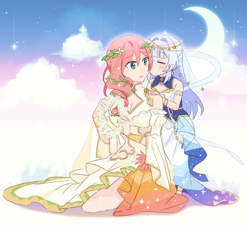 2girls, aged_down, anklet, aqua_eyes, armlet, bare_shoulders, behind_another, blue_dress