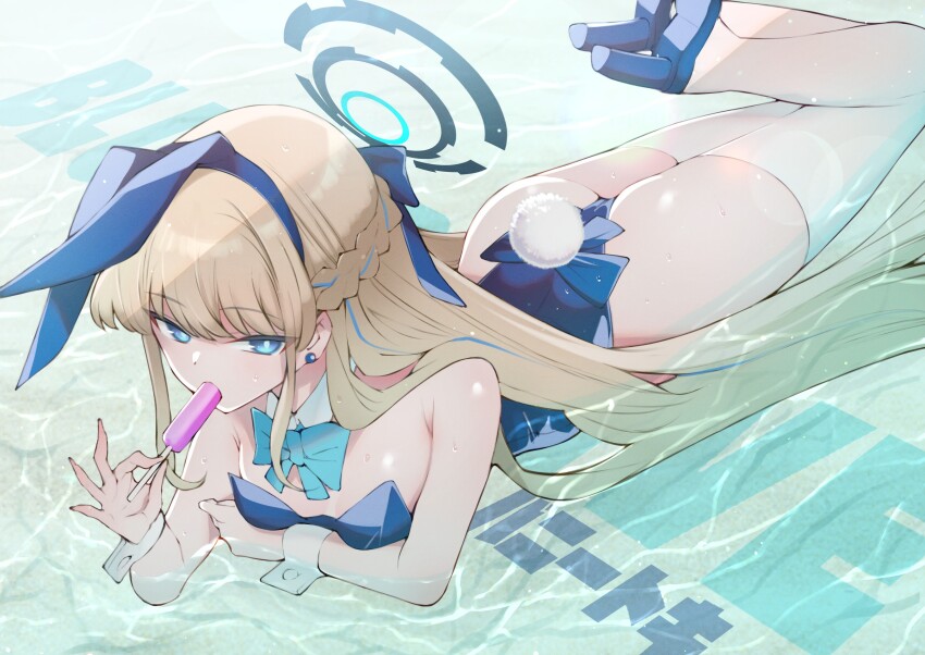 1girl, absurdres, animal_ears, aqua_bow, aqua_bowtie, ass, bare_shoulders, blonde_hair