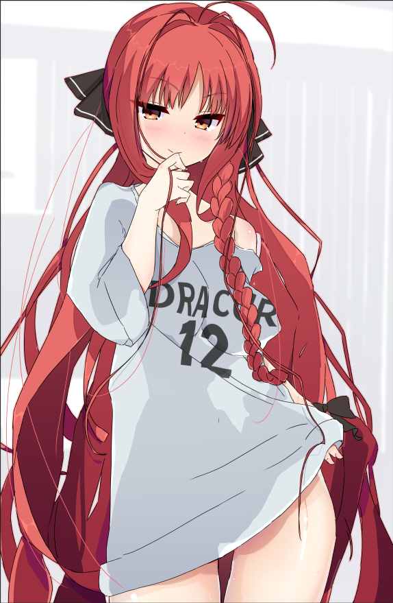 >:), 1girl, ahoge, anniversary, black_bow, black_ribbon, blush, bow, braid, brown_eyes, closed_mouth, clothes_lift, clothes_writing, commentary, copyright_name, cowboy_shot, dracu-riot!, grey_background, hair_bow, hair_intakes, hair_ribbon, hand_up, lifting_own_clothes, long_hair, long_sleeves, looking_at_viewer, okaeru, parted_bangs, red_hair, ribbon, seductive_smile, shirt, shirt_lift, sidelocks, simple_background, single_bare_shoulder, single_braid, smile, solo, tsurime, v-shaped_eyebrows, very_long_hair, white_shirt, wide_sleeves, yarai_miu
