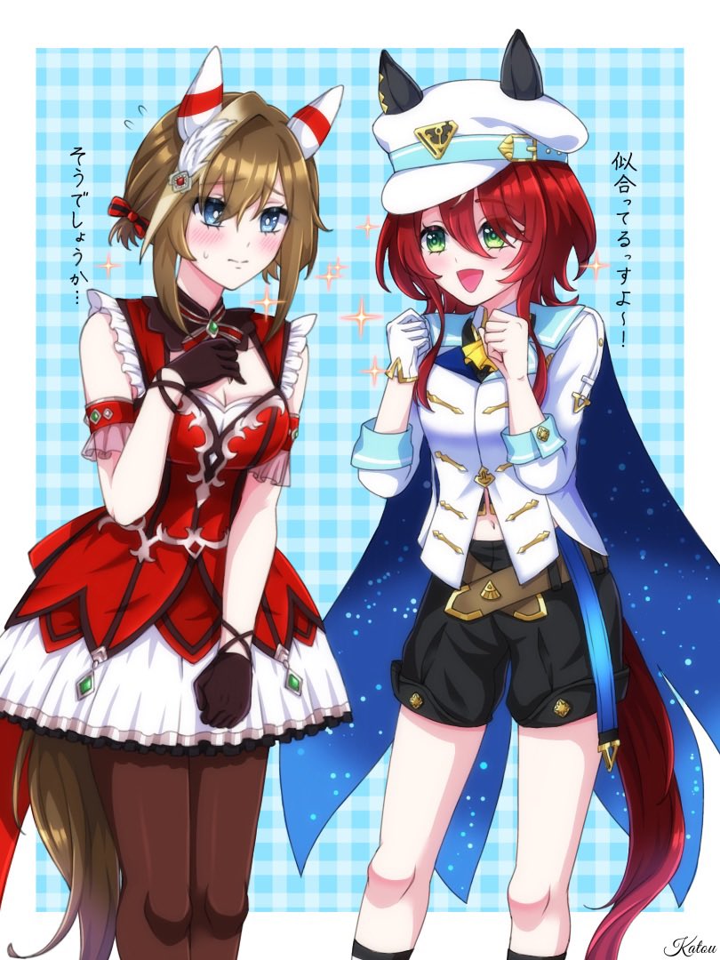 2girls, animal_ears, blue_eyes, blush, breasts, brown_hair, c2f9aa, cape, cheval_grand_(grand_itineraire)_(umamusume), cheval_grand_(umamusume), cheval_grand_(umamusume)_(cosplay), cleavage, closed_mouth, collarbone, commentary_request, cosplay, costume_switch, ear_covers, feet_out_of_frame, gloves, hair_between_eyes, hair_ornament, hat, horse_ears, horse_girl, horse_tail, medium_breasts, multiple_girls, open_mouth, pantyhose, red_hair, shorts, simple_background, sparkle, sweatdrop, tail, translation_request, umamusume, uniform, win_variation_(dramatic_tutu)_(umamusume), win_variation_(umamusume), win_variation_(umamusume)_(cosplay)
