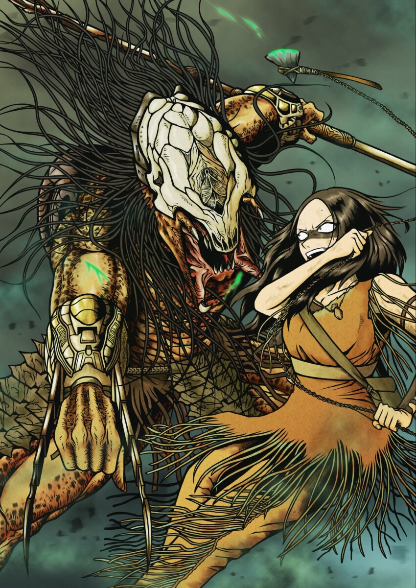 1boy, 1girl, alien, arm_blade, armor, battle, bifurcated_jaw, breasts, chain, character_request, combistick, copyright_request, dreadlocks, feral_predator, fighting, fishnets, gauntlets, helmet, hev_suit, highres, holding, holding_chain, holding_staff, holding_weapon, long_hair, mandibles, mask, medium_breasts, muscular, naru_(character), open_mouth, pauldrons, predator_(character), predator_(series), predator_and_prey, prey_(2022), prey_(2022_movie), shoulder_armor, skull, staff, thigh_armor, tk_moai_create, weapon, wrist_blades