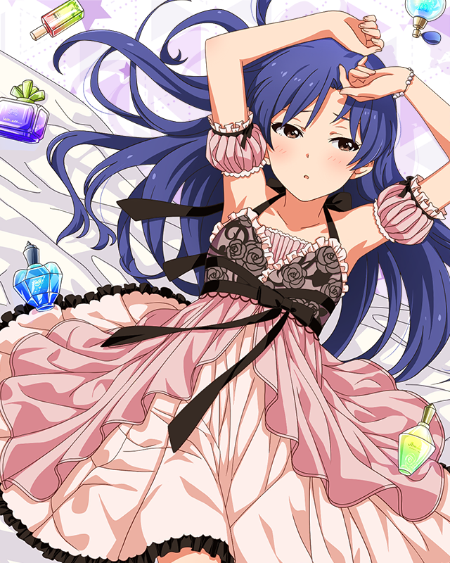 1girl, armpits, arms_up, bare_shoulders, bed_sheet, blue_hair, blush, bottle