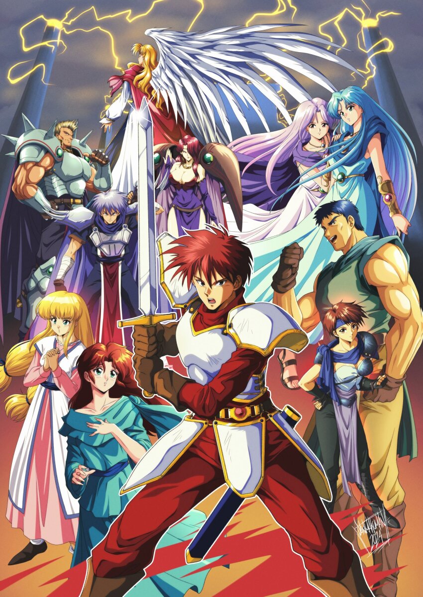 1990s_(style), 5boys, 6+girls, adol_christin, angel_wings, armor, bami_(ys), blue_cape, blue_hair, blue_headband, blue_robe, boots, bracer, breasts, brown_footwear, cape, cleavage, covered_navel, danmakuman, dogi_(ys), eldeel_(ys), feathered_wings, feena_(ys), gadis_(ys), gloves, gruda_(ys), hair_over_one_eye, headband, highres, holding, holding_sword, holding_weapon, jewelry, karna_(ys), large_breasts, leather, leather_gloves, leeza_(ys), lilia_(ys), long_hair, low_twintails, multiple_boys, multiple_girls, muscular, muscular_male, necklace, parted_bangs, pauldrons, pelvic_curtain, pillar, purple_robe, reah_(ys), red_hair, retro_artstyle, robe, sheath, short_hair, shoulder_armor, signature, sparkle, spiked_pauldrons, sword, twintails, very_long_hair, weapon, white_wings, wings, ys, ys_iv_dawn_of_ys