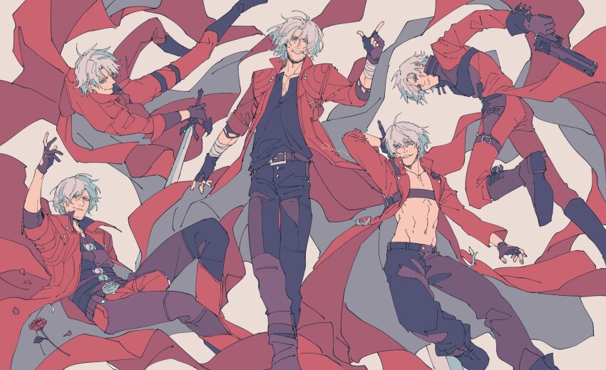 5boys, abs, aged_down, aged_up, amano_(amn_0w0), belt_bra, bishounen, black_gloves, blue_eyes, capcom, coat, dante_(devil_may_cry), devil_may_cry, devil_may_cry_(series), devil_may_cry_1, devil_may_cry_2, devil_may_cry_3, devil_may_cry_4, devil_may_cry_5, ebony_&amp;_ivory, facial_hair, fingerless_gloves, gloves, gun, highres, holding, jacket, long_hair, looking_at_viewer, male_focus, multiple_boys, multiple_others, multiple_views, rebellion_(sword), red_coat, smile, sword, weapon, white_hair