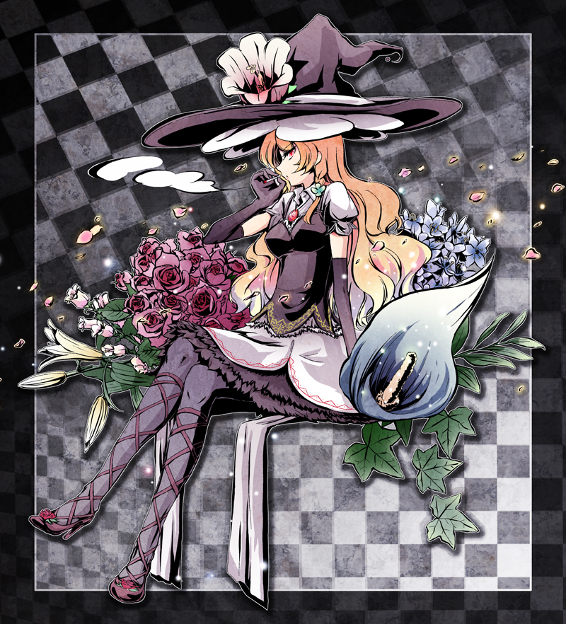 1girl, alternate_costume, ankle_lace-up, bad_id, bad_pixiv_id, blonde_hair, checkered_background, cigarette