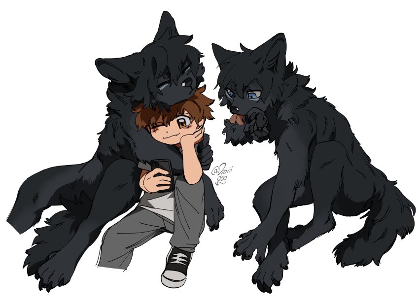 2boys, animal_ears, artist_name, black_footwear, black_fur, black_hair, blue_eyes, body_fur