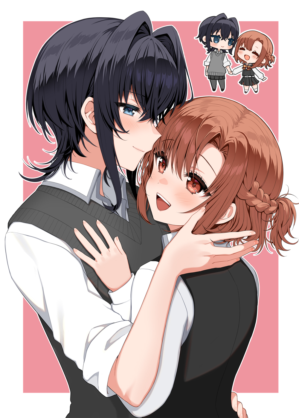 2girls, ^_^, asanagi_yori, black_dress, black_skirt, black_sweater_vest, blue_eyes, blush