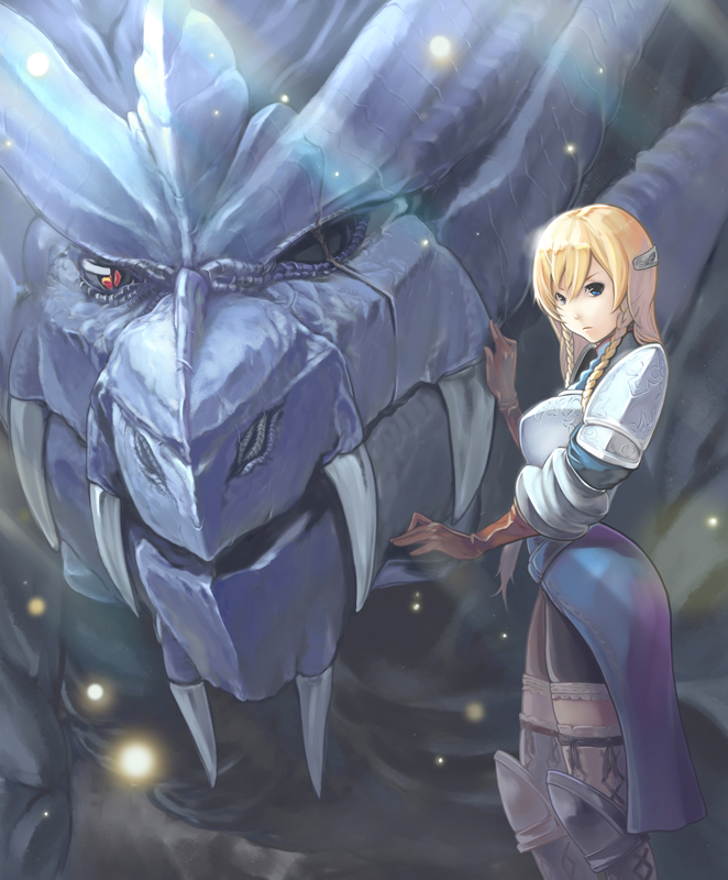 1girl, armor, artdink, boots, braid, breastplate, dragon, female_focus