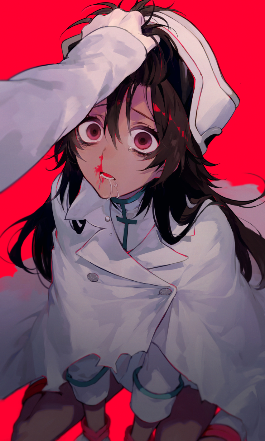 1boy, 1girl, abuse, arm_support, bambietta_basterbine, black_hair, bleach, blood