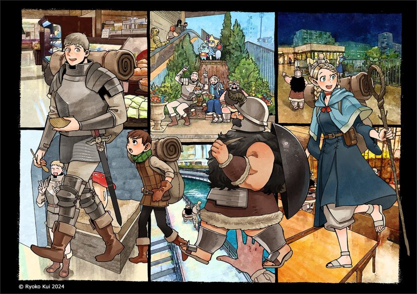 2girls, 5boys, :d, ^_^, ambrosia_(dungeon_meshi), anachronism, armor, backpack, bag, baggy_pants, beard, belt, belt_buckle, belt_pouch, black_eyes, black_hair, black_pants, blonde_hair, blue_capelet, blue_robe, blue_sky, boots, bowl, bracer, braid, breastplate, bridge, brown_belt, brown_footwear, brown_gloves, brown_hair, buckle, building, canal, capelet, chainmail, chilchuck_tims, choker, cityscape, closed_eyes, commentary_request, contemporary, cooking_pot, double_v, dungeon_meshi, dwarf, elf, facial_hair, fake_horns, fur_trim, gloves, gorget, green_eyes, halfling, helmet, holding, holding_bowl, holding_spoon, holding_staff, hood, hooded_capelet, horned_helmet, horns, index_fingers_raised, kabru, kensuke_(dungeon_meshi), knee_pads, kui_ryouko, laios_touden, leather_armor, light_blush, light_brown_hair, living_armor_(dungeon_meshi), long_beard, long_hair, marcille_donato, mascot, multiple_boys, multiple_girls, mustache, namari_(dungeon_meshi), neck_warmer, night, official_art, one_eye_closed, open_mouth, pants, pauldrons, plant, plate_armor, pointing, pointy_ears, ponytail, pouch, red_choker, red_hair, red_ribbon, ribbon, robe, sandals, scabbard, second-party_source, senshi_(dungeon_meshi), sheath, shin_guards, shop, short_hair, shoulder_armor, shurou, sitting, sky, sleeping_bag, smile, sorakara-chan, spoon, sprout, staff, sword, table, tree, v, v-shaped_eyebrows, very_long_beard, very_long_hair, walking, walking_mushroom_(dungeon_meshi), waving, weapon, white_pants, yellow_eyes