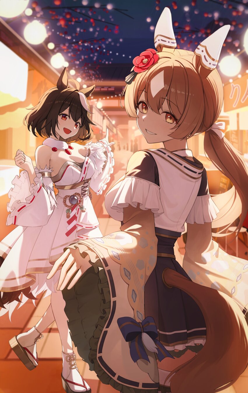 2girls, absurdres, ahoge, animal_ears, bare_shoulders, black_hair, breasts, brown_hair