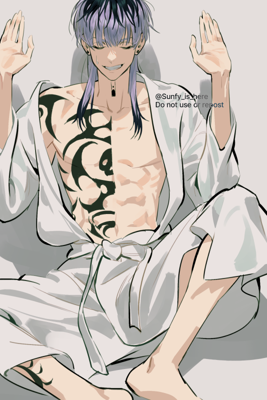 1boy, abs, bathrobe, chest_tattoo, clenched_teeth, closed_eyes, collarbone, commentary_request