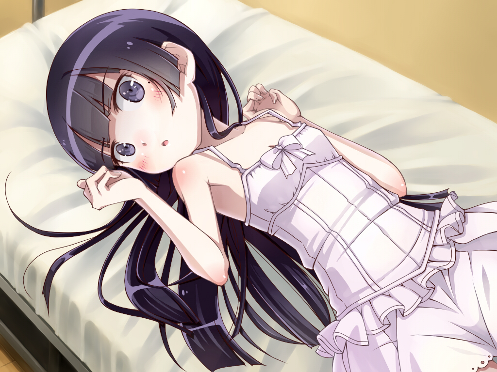 1girl, bad_anatomy, bed, black_eyes, black_hair, blunt_bangs, dress, female_focus