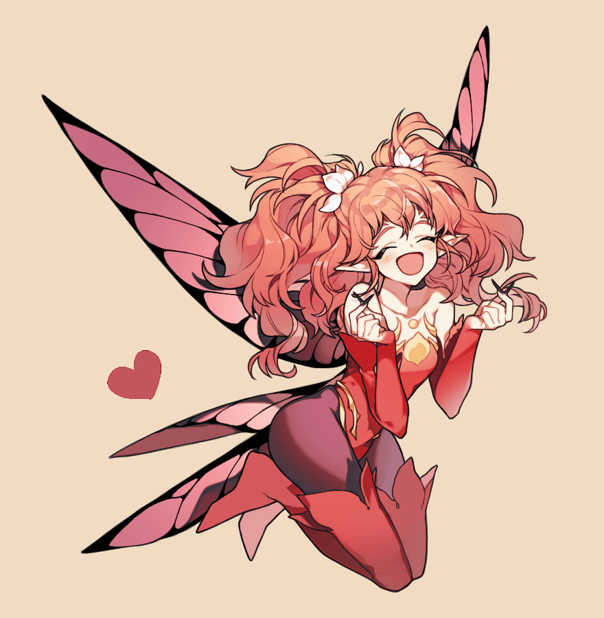 1other, ^_^, androgynous, bare_shoulders, black_nails, black_pantyhose, boots, butterfly_wings, closed_eyes, collarbone, commentary_request, facial_mark, facing_viewer, fairy, feo_ul, final_fantasy, final_fantasy_xiv, fingernails, flower, forehead_mark, full_body, hair_flower, hair_ornament, hands_up, happy, heart, insect_wings, korean_commentary, leotard, long_fingernails, medium_hair, open_mouth, orange_hair, other_focus, pantyhose, pic_tpp, pixie_(ff14), pointy_ears, red_boots, red_leotard, seiza, sharp_fingernails, simple_background, sitting, solo, thigh_boots, twintails, wavy_hair, wings, yellow_background