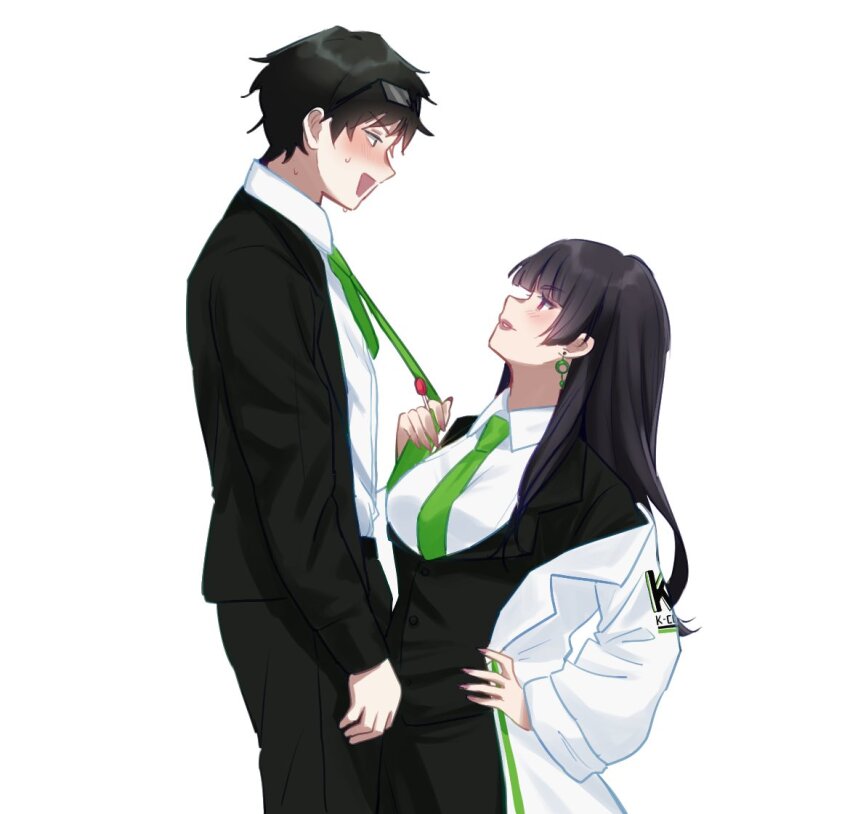 1boy, 1girl, assertive_female, black_hair, clothes_grab, collared_shirt, couple, earrings