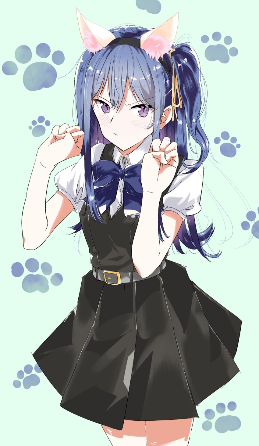 1girl, absurdres, animal_ear_hairband, animal_ears, black_dress, blue_background, blue_bow, blue_bowtie