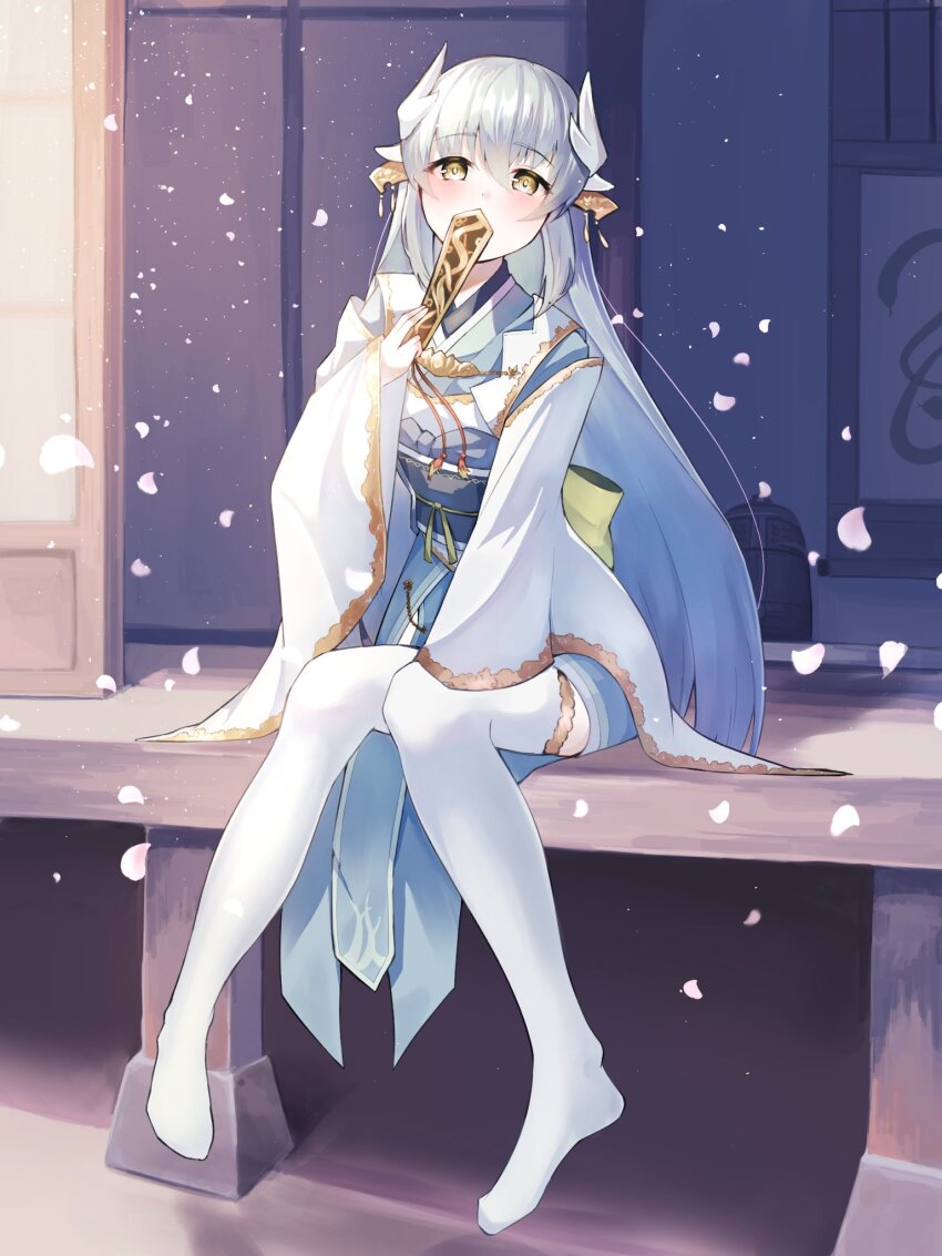 1girl, aqua_hair, aqua_kimono, blush, dragon_girl, dragon_horns, fate/grand_order, fate_(series), folding_fan, green_hair, hair_between_eyes, hand_fan, highres, horns, japanese_clothes, kimono, kiyohime_(fate), kiyohime_(second_ascension)_(fate), long_hair, looking_at_viewer, obi, papukin, sash, solo, thighhighs, yellow_eyes