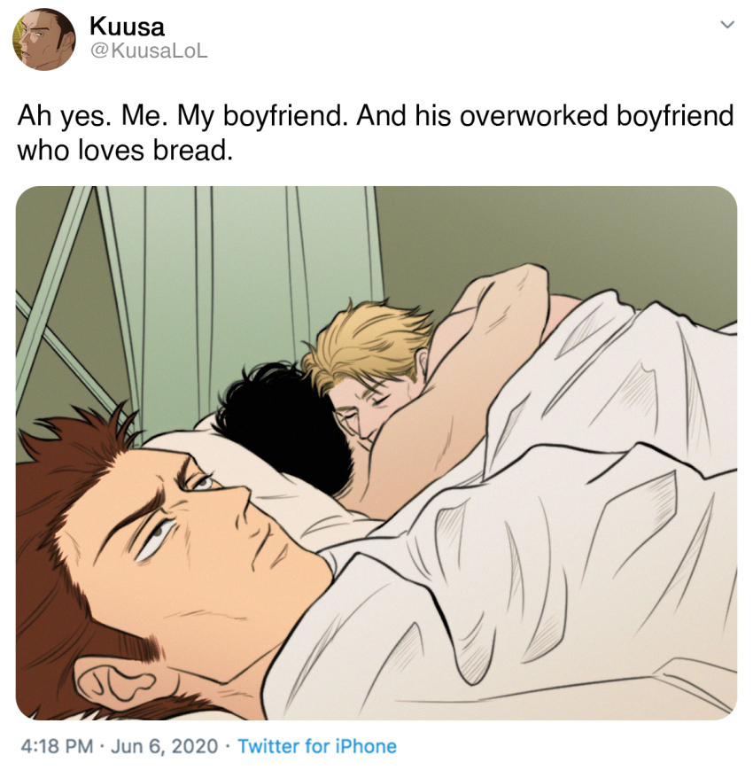 3boys, 500_dollar_four_foot_tall_mareep_(meme), afterglow, black_hair, blonde_hair, brown_hair, character_request, cuddling, english_text, from_side, g00miato, highres, hug, indoors, jujutsu_kaisen, looking_ahead, male_focus, meme, multiple_boys, nanami_kento, shared_blanket, short_hair, sideburns, sleeping, thick_eyebrows, twitter, under_covers, yaoi